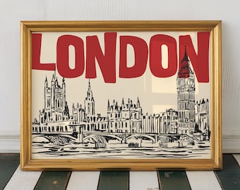 Könnte beinhalten: Ein gerahmter Kunstdruck mit einer schwarzen Tuschezeichnung der Londoner Skyline, einschließlich des Parlamentsgebäudes und Big Ben, auf cremefarbenem Hintergrund. Das Wort LONDON ist in großen, fetten, roten Großbuchstaben oben abgebildet.