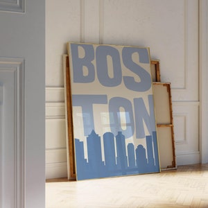 Impresión de arte de Boston, arte de pared vintage de Boston, decoración moderna para el hogar, impresión retro de Boston, arte minimalista de Boston, póster de Boston, arte de pared imprimible azul