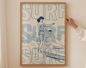 Surfing Wall Art, Coastal Wall Decor, Beach House Decor, Retro Surf Print, Digital Download
