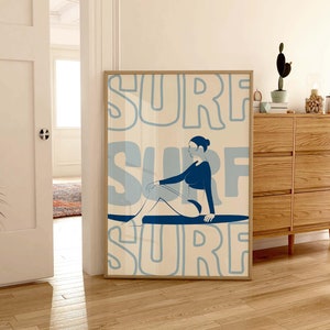 Impresión de arte de surf, póster de surf retro, impresión de playa vintage, póster de surf azul, arte de pared de playa, decoración moderna para el hogar, decoración costera, arte imprimible