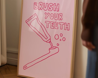 Impressão &quot;Escova os Dentes&quot;: Decoração de Banheiro Rosa Retro (Download Digital)