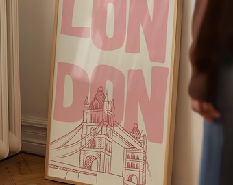 Pink London Tower Bridge Art Print: Retro UK Home Decor (Digital Download)