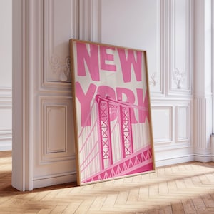 Impresión artística de Nueva York, arte de pared vintage de Nueva York, póster retro de la ciudad de Nueva York, arte minimalista de Nueva York, póster de Nueva York, decoración moderna para el hogar, arte imprimible rosa