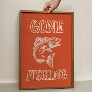 Gone Fishing Poster, Rustic Fishing Art, Cabin Wall Decor, Vintage Fish Print, Lake House Sign, Outdoor Man Cave, Angler Gift, Digital Art