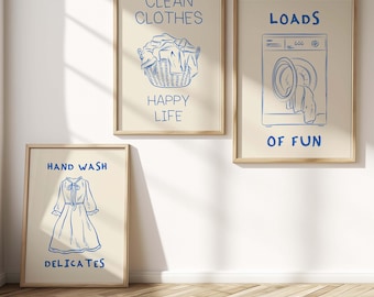 Laundry Room Art Prints: Trendy Blue Decor, Set of 3 (Digital Download)