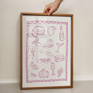 Póster de cena, póster de comida vintage, decoración de cocina moderna, impresión de vino y queso, impresión de cocina moderna, impresión de comida retro, arte imprimible rosa
