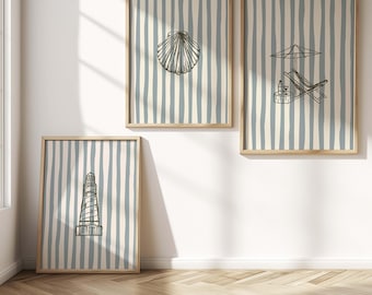 Küsten Wand Kunst Set: Blauer Leuchtturm & Muschel Drucke (Digitaler Download)
