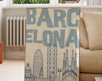 Barcelona Poster - Blaue Skyline Wandkunst (Digitaler Download)