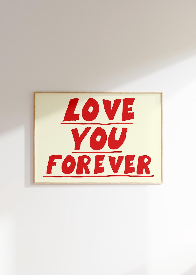 Love You Forever Wall Art Print - Romantic Bedroom Decor - Bold Red Typography Poster - Modern Minimalist - Printable Gift for Couples