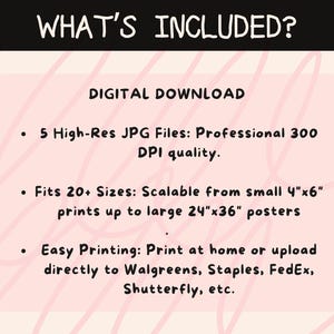 May include: A digital download graphic with the text "WHAT'S INCLUDED?" and details about the product. It includes 5 high-resolution JPG files, scalable for various print sizes from 4"x6" to 24"x36", and easy printing options.