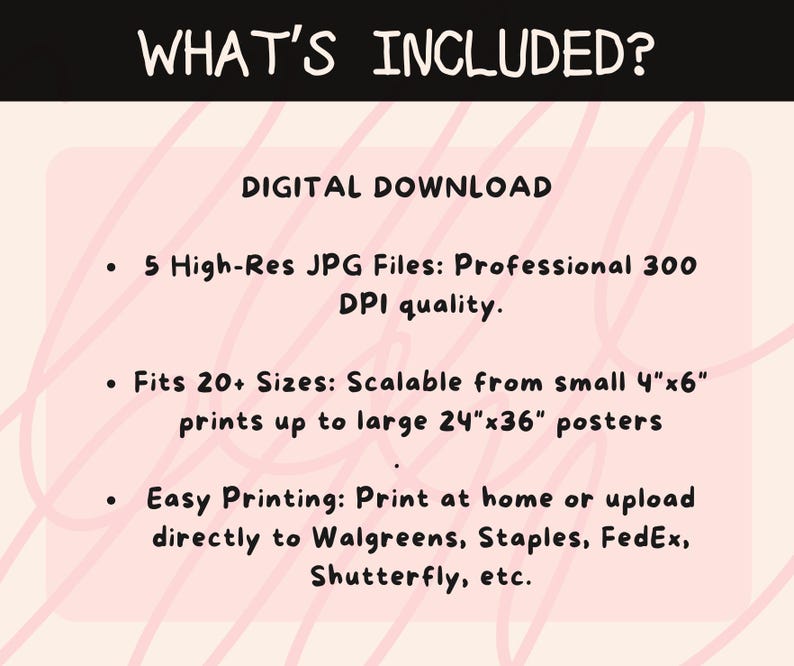 May include: A digital download graphic with the text "WHAT'S INCLUDED?" and details about the product. It includes 5 high-resolution JPG files, scalable for various print sizes from 4"x6" to 24"x36", and easy printing options.