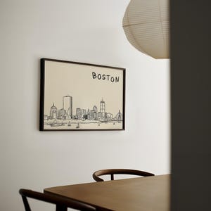 Minimalist hand-drawn sketch of Boston skyline in black ink on a beige background, organic modern wall art style.