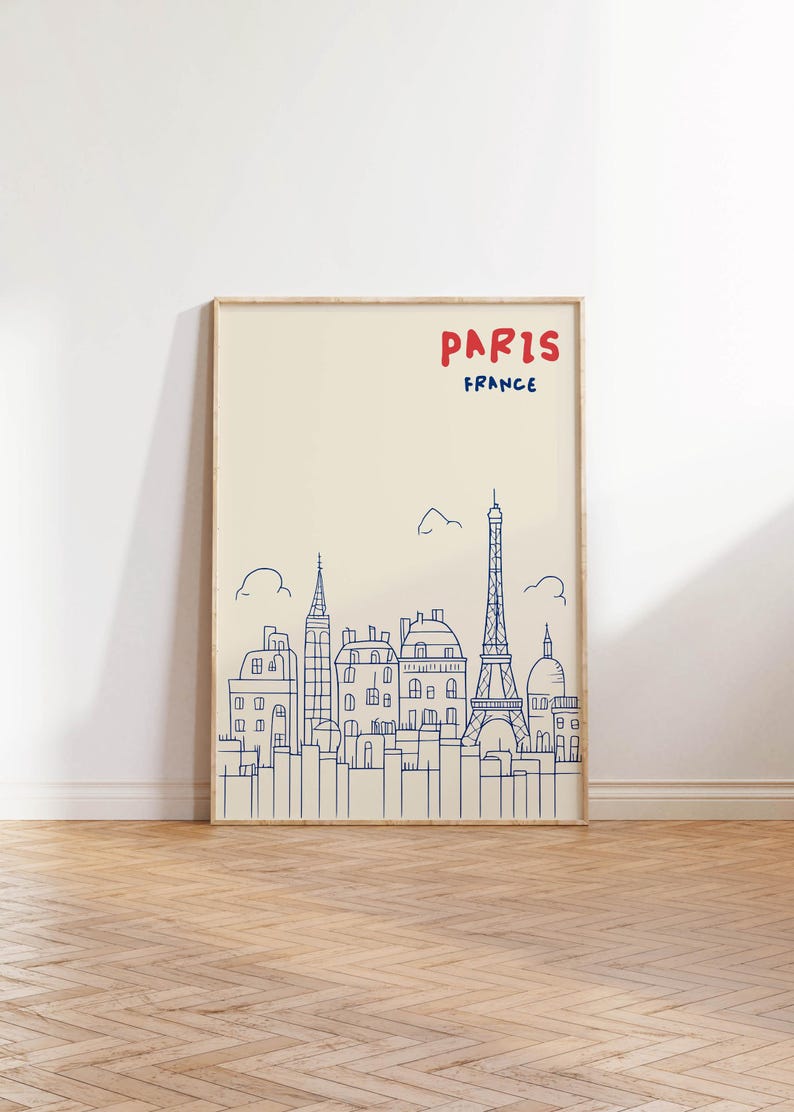 Paris Art Print - Minimalist Paris Wall Art - Eiffel Tower Cityscape Poster - Modern Paris Decor - Digital Download - Blue France Artwork