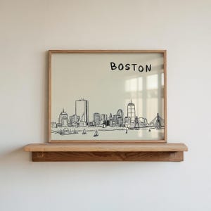 Minimalist hand-drawn sketch of Boston skyline in black ink on a beige background, organic modern wall art style.