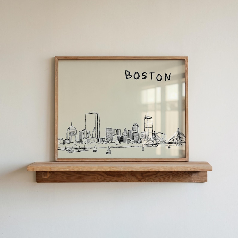 Minimalist hand-drawn sketch of Boston skyline in black ink on a beige background, organic modern wall art style.