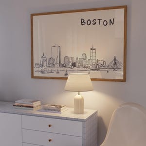 Minimalist hand-drawn sketch of Boston skyline in black ink on a beige background, organic modern wall art style.