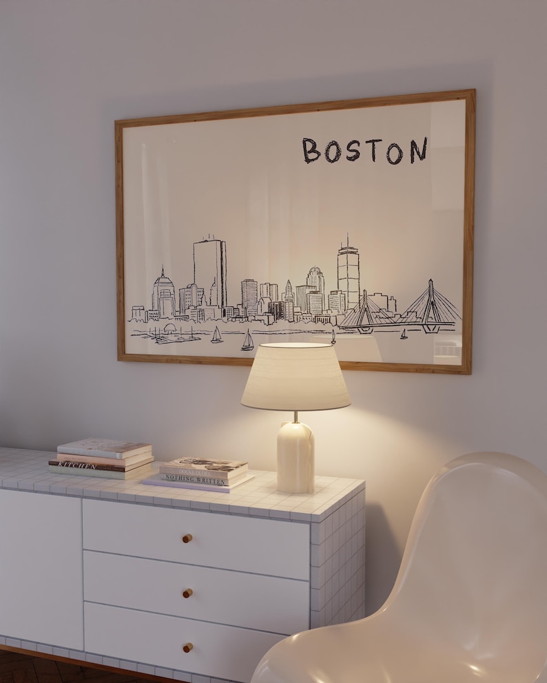 Minimalist hand-drawn sketch of Boston skyline in black ink on a beige background, organic modern wall art style.