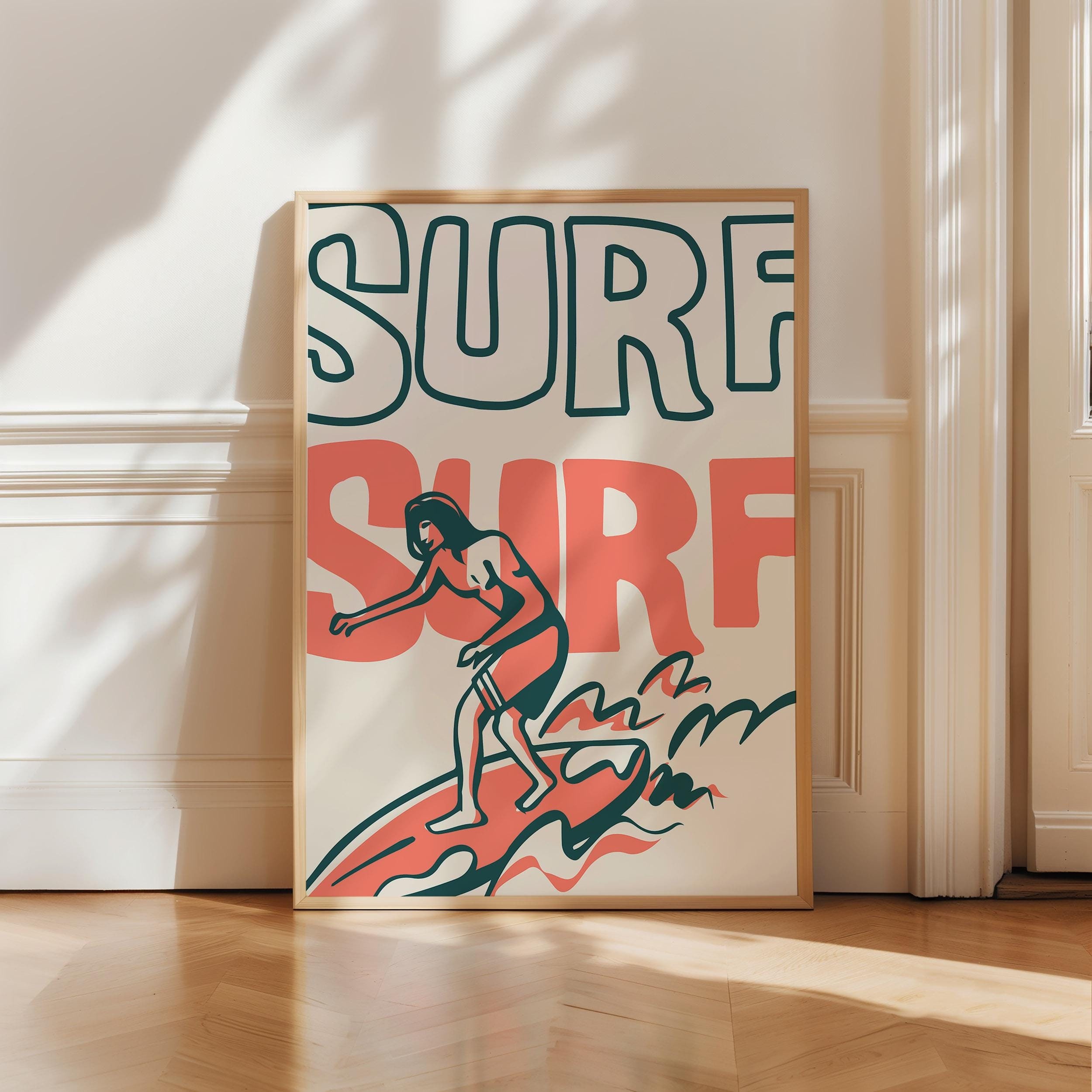 Surf Art Print Retro Surfing Poster Vintage Beach Print Surfing Poster Beach Wall Art Trendy Home Decor Coastal Decor Printable Wall Art Red
