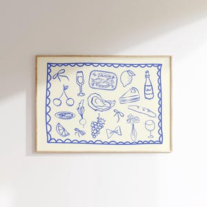 Dinner Party Poster Trendy Horizontal Wall Art Trendy Kitchen Print Retro Food Art Modern Kitchen Art Vintage Food Poster Printable Art Blue