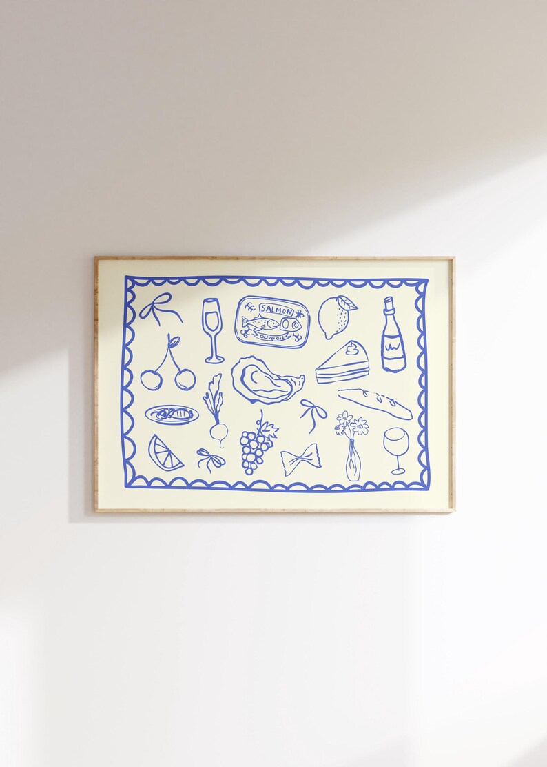 Dinner Party Poster Trendy Horizontal Wall Art Trendy Kitchen Print Retro Food Art Modern Kitchen Art Vintage Food Poster Printable Art Blue