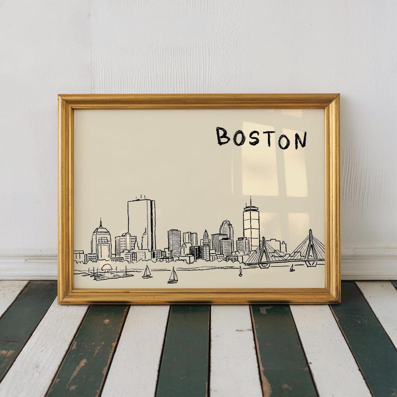 Minimalist hand-drawn sketch of Boston skyline in black ink on a beige background, organic modern wall art style.