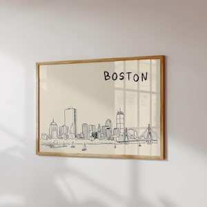 Minimalist hand-drawn sketch of Boston skyline in black ink on a beige background, organic modern wall art style.