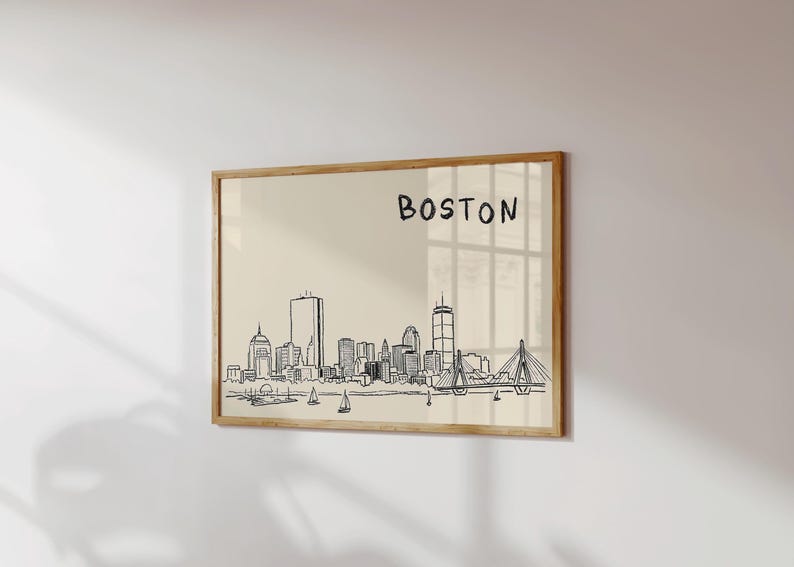 Minimalist hand-drawn sketch of Boston skyline in black ink on a beige background, organic modern wall art style.