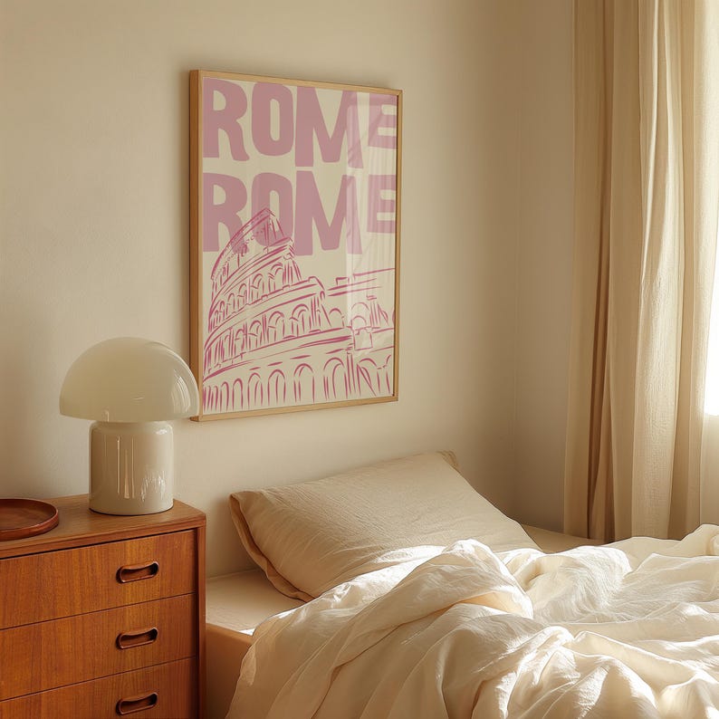 Rome Wall Art Print - Pink Colosseum Poster - Modern Travel Artwork - Retro Italy Poster - Minimalist Home Decor - Digital Download