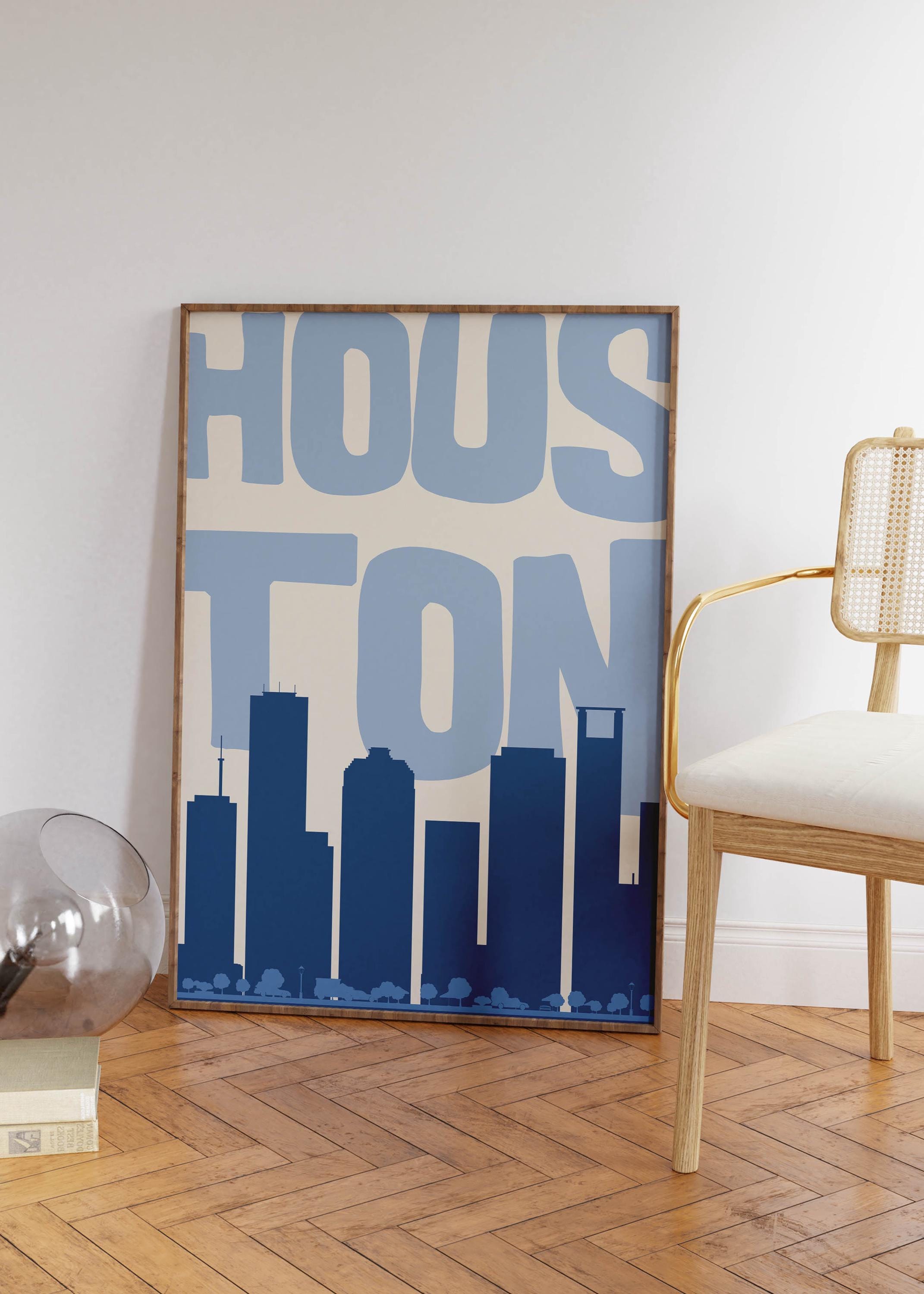 Houston Skyline Art Print: Retro Blue Minimalist Home Decor (Digital Download)