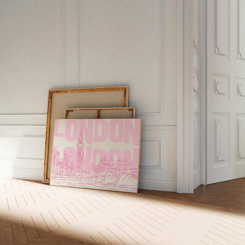 London Wall Art Print - Pink London Skyline - Big Ben Line Art - Digital Download - Minimalist City Poster - UK Travel Decor - London Poster