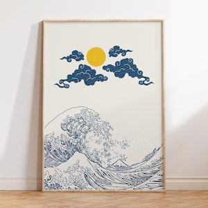 Japanese Wave Art Print - Hokusai Inspired Wall Art - Blue Ocean Wave - Minimalist Coastal Decor - Modern Japanese Poster - Digital Print