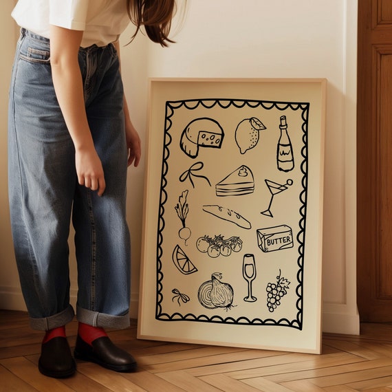 Dinner Party Poster Vintage Food Poster Trendy Kitchen Decor Wine and Cheese Print Modern Kitchen Print Retro Food Art Dining Room Wall Art