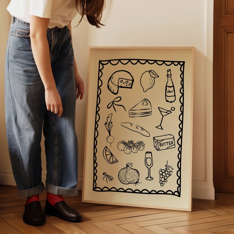 Dinner Party Poster Vintage Food Poster Trendy Kitchen Decor Wine and Cheese Print Modern Kitchen Print Retro Food Art Dining Room Wall Art