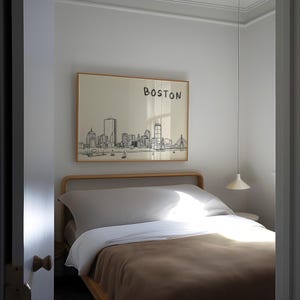 Minimalist hand-drawn sketch of Boston skyline in black ink on a beige background, organic modern wall art style.