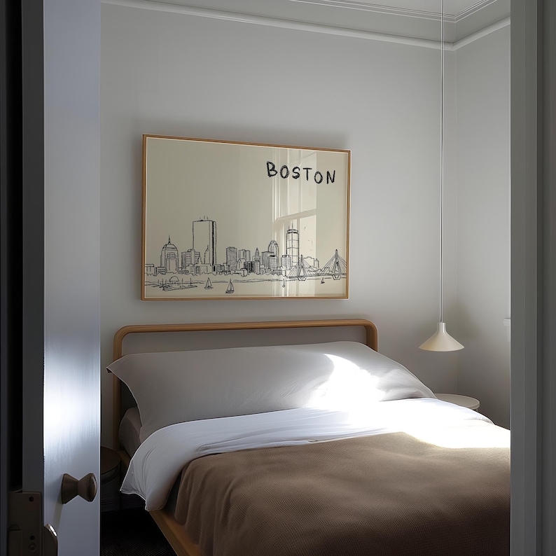 Minimalist hand-drawn sketch of Boston skyline in black ink on a beige background, organic modern wall art style.