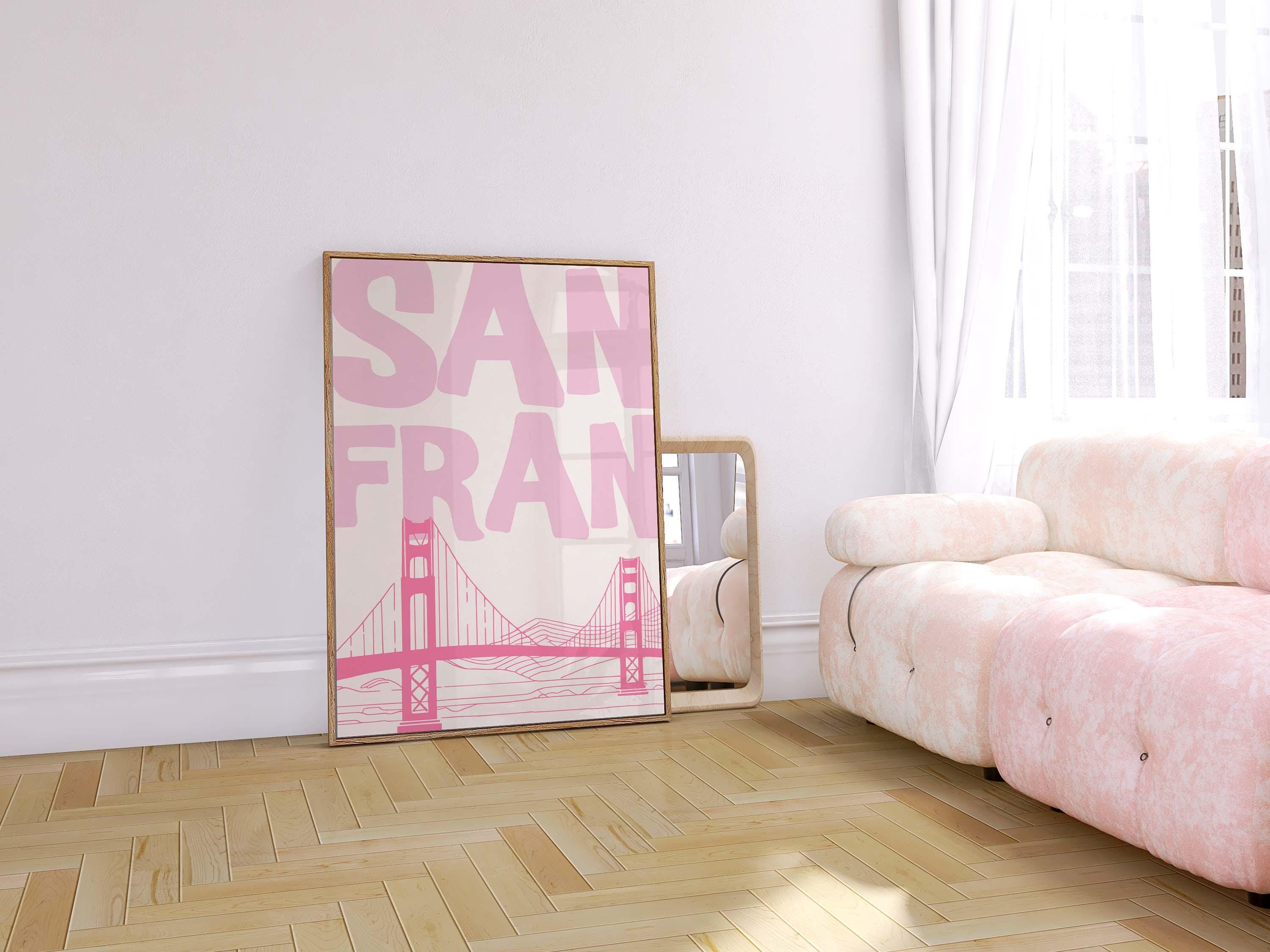 San Francisco Golden Gate Bridge Wall Art - Pink Minimalist Skyline Digital Print - Modern Cityscape Poster for Home or Office Decor