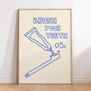 Trendy Bathroom Poster Brush Your Teeth Print Cute Bathroom Decor Retro Print Funny Bathroom Print Trendy Home Decor Printable Wall Art Blue