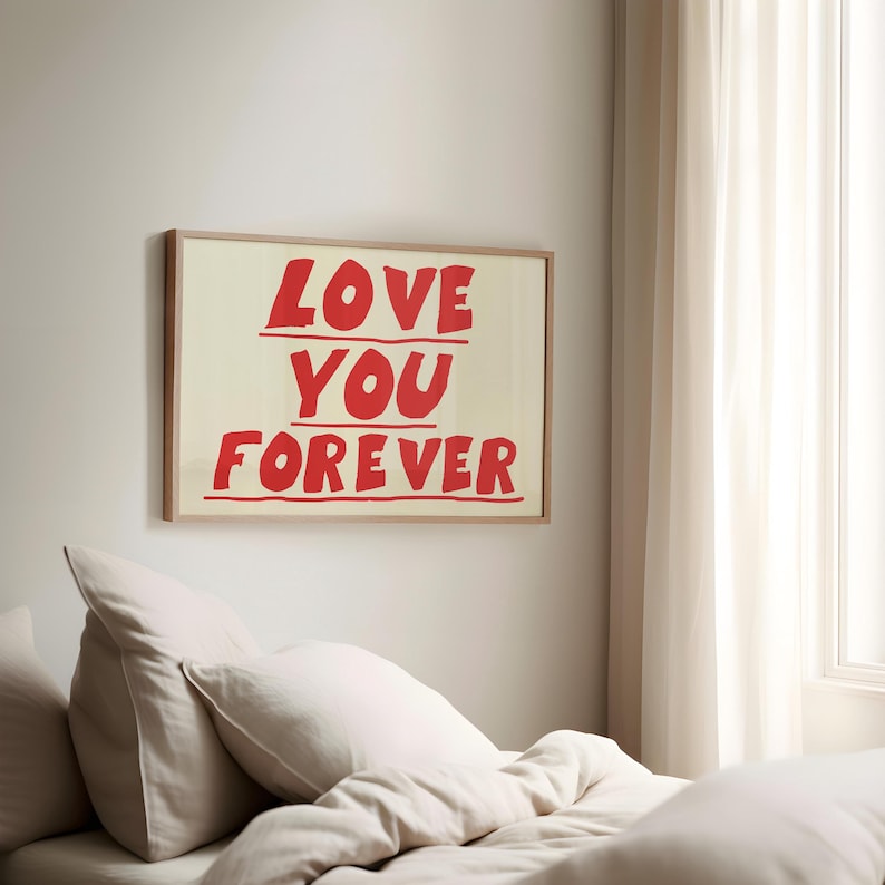 Love You Forever Wall Art Print - Romantic Bedroom Decor - Bold Red Typography Poster - Modern Minimalist - Printable Gift for Couples