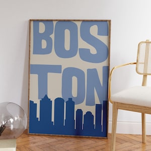 May include: A rectangular framed wall art print featuring the word BOSTON in large, bold, light blue letters against a beige background, with a dark blue silhouette of the city skyline layered across the bottom portion of the print.