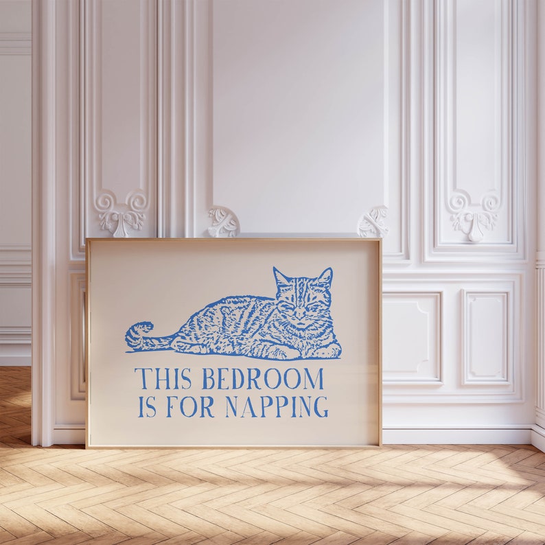 This Bedroom Is For Napping Print Trendy Horizontal Wall Art Vintage Cat Poster Aesthetic Bedroom Decor Cute Quote Art Printable Art Blue