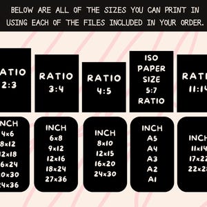 May include: A graphic showing print sizes and aspect ratios. The text at the top reads, "BELOW ARE ALL OF THE SIZES YOU CAN PRINT IN USING EACH OF THE FILES INCLUDED IN YOUR ORDER." The image lists sizes in inches, including 4x6, 8x10, and 11x14.