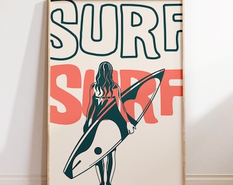 Surf Wall Art – Retro Surfer Girl Beach Poster (Digital Download)