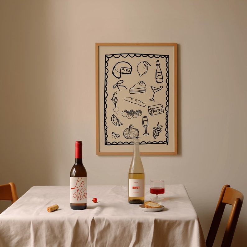 Dinner Party Poster Vintage Food Poster Trendy Kitchen Decor Wine and Cheese Print Modern Kitchen Print Retro Food Art Dining Room Wall Art