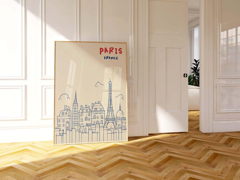 Paris Art Print - Minimalist Paris Wall Art - Eiffel Tower Cityscape Poster - Modern Paris Decor - Digital Download - Blue France Artwork