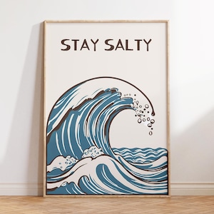 Impresión artística de olas del océano, decoración costera, descarga digital con temática de playa, impresión Stay Salty, póster náutico, ilustración de olas del mar azul