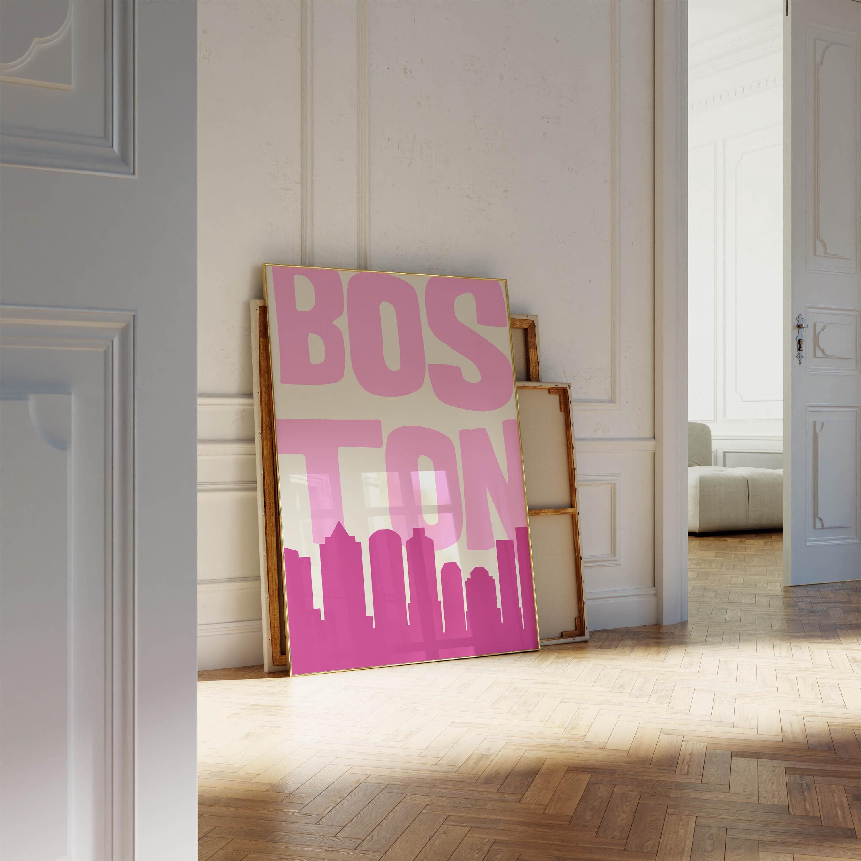 Boston Skyline Wall Art Print, Pink City Poster, Modern Typography Decor, Aesthetic Digital Download, Urban Apartment Artwork