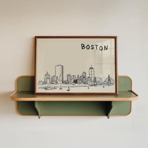 Minimalist hand-drawn sketch of Boston skyline in black ink on a beige background, organic modern wall art style.