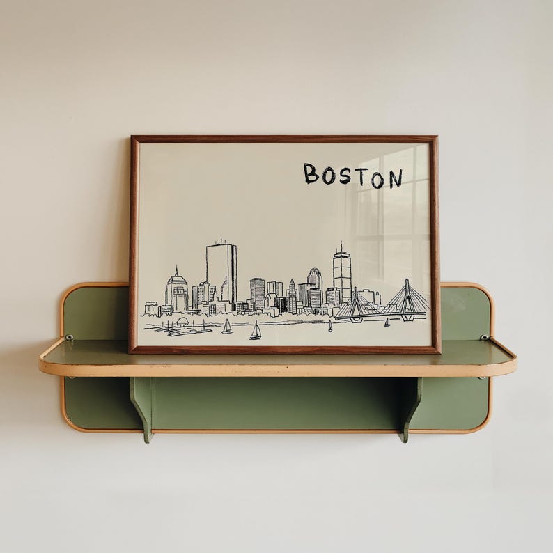 Minimalist hand-drawn sketch of Boston skyline in black ink on a beige background, organic modern wall art style.