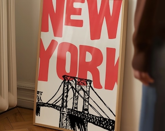 New York Art Print Vintage NYC Wall Art Retro New York City Poster Minimalist New York Art NYC Poster Trendy Home Decor Printable Art Red