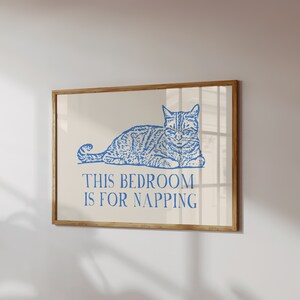 This Bedroom Is For Napping Print Trendy Horizontal Wall Art Vintage Cat Poster Aesthetic Bedroom Decor Cute Quote Art Printable Art Blue